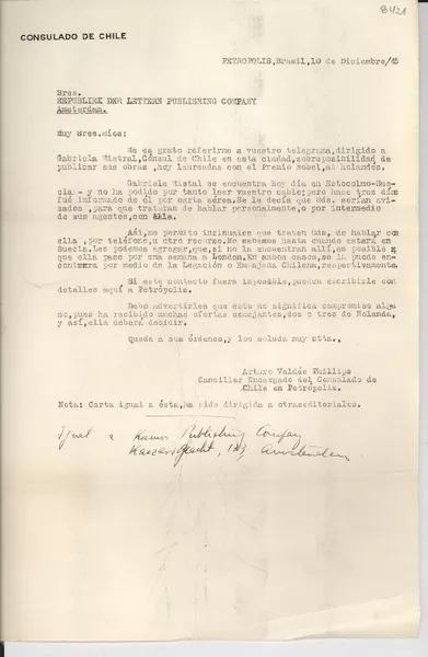 [Carta] 1945 dic. 10, Petrópolis, Brasil [a] Republiek der Lettern Publishing Company, Amsterdam, [Holanda]  [manuscrito] Arturo Valdés Phillips.