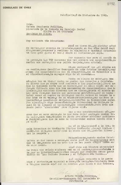 [Carta] 1945 dic. 8, Petrópolis [a] Rebeca Izquierdo Phillips, Directora de la Escuela de Servicio Social "Elvira M. de Cruchaga", Santiago de Chile  [manuscrito] Arturo Valdés Phillips.