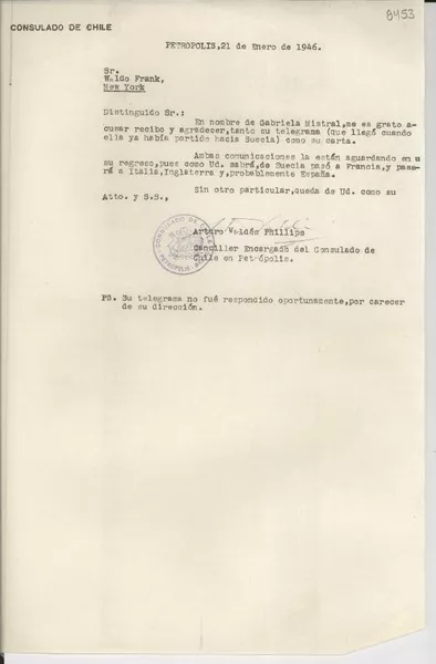 [Carta] 1946 ene. 21, Petrópolis [a] Waldo Frank, New York  [manuscrito] Arturo Valdés Phillips.