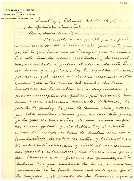 [Carta] 1943 feb. 21, Santiago [a] Gabriela Mistral  [manuscrito] Una amiga Julia.