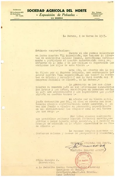 [Carta] 1943 mar. 4, La Serena [a] Lucila Godoy, Petrópolis  [manuscrito] Fernando Illanes Abbott.