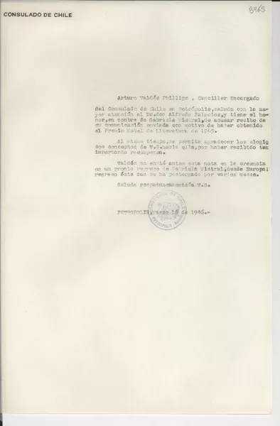 [Carta] 1946 mar. 16, Petrópolis [a] Alfredo Palacios  [manuscrito] Arturo Valdés Phillips.