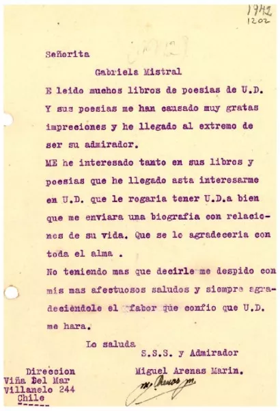 [Carta] 1942, Viña del Mar, Chile [a] Gabriela Mistral  [manuscrito] Miguel Arenas Marín.