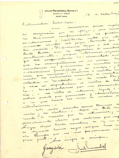 [Carta] 1943 oct. 12, Santiago [a] Gabriela Mistral  [manuscrito] Graziela [Préndez de Menendez], Julio Menendez B.