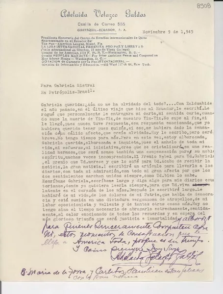 [Carta] 1945 nov. 9, [Guayaquil, Ecuador] [a] Gabriela Mistral, Petrópolis, Brasil  [manuscrito] Adelaida Velazco Galdós.