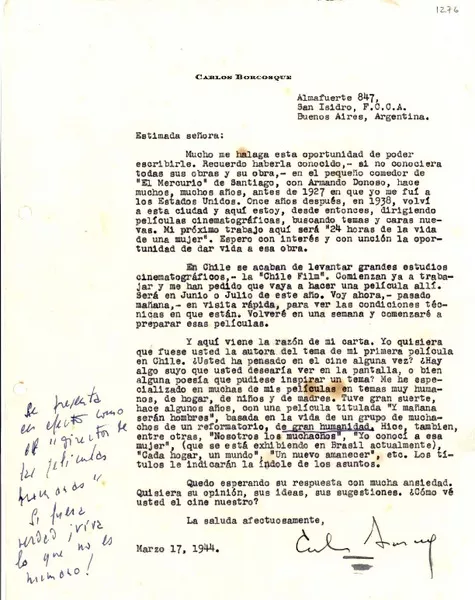 [Carta] 1944 mar. 17, Buenos Aires, Argentina [a] [Gabriela Mistral]  [manuscrito] Carlos Borcosque.