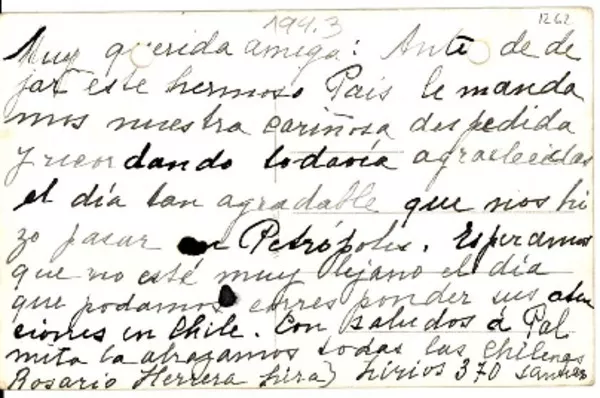 [Tarjeta] 1943, Petrópolis [a] Gabriela Mistral, Petrópolis  [manuscrito] Rosario Herrera Lira.