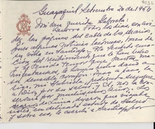 [Carta] 1954 sept. 20, Guayaquil, [Ecuador] [a] Gabriela [Mistral]  [manuscrito] Adelaida Velazco Galdos.