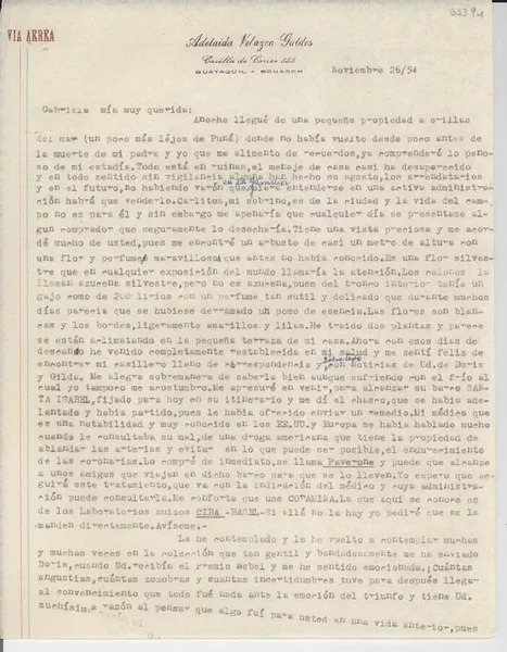 [Carta] 1954 nov. 26, Guayaquil, Ecuador [a] Gabriela [Mistral]  [manuscrito] Adelaida Velazco Galdos.