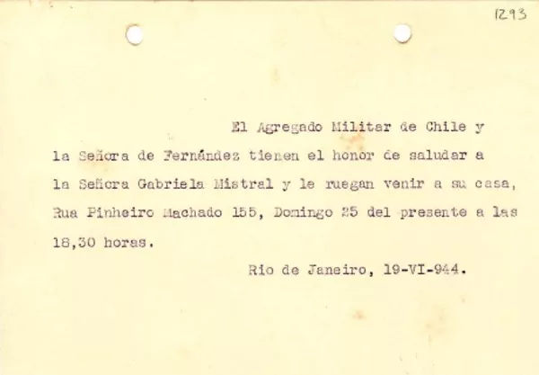 [Tarjeta] 1944 jun. 19, Río de Janeiro [a] Gabriela Mistral  [manuscrito] Agregado Militar y Sra.