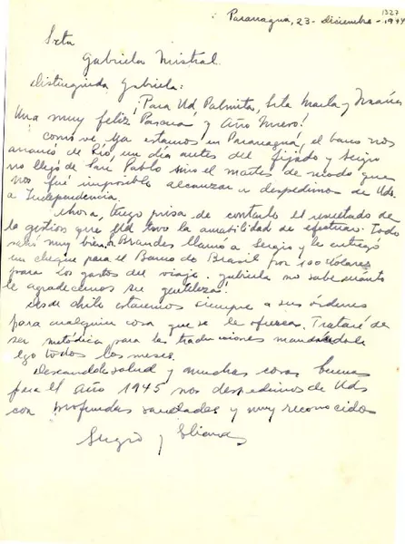 [Carta] 1944 dic. 23 [a] Gabriela Mistral  [manuscrito] Sergio y Eliana