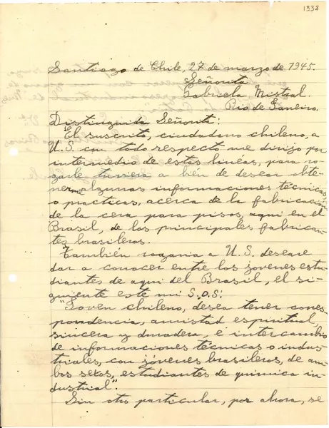 [Carta] 1945 mar. 27, Santiago [a] Gabriela Mistral, Río de Janeiro  [manuscrito] Guillermo Rivas.