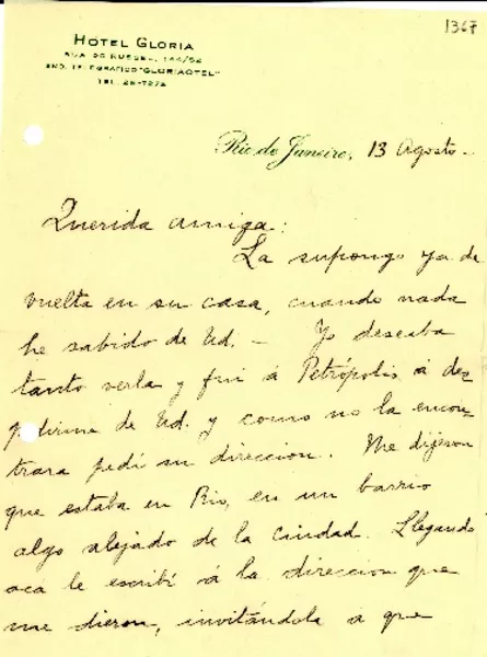 [Carta] [1945?] ago. 13, Rio de Janeiro, [Brasil] [a] [Gabriela Mistral]  [manuscrito] Carmela Mackenna.