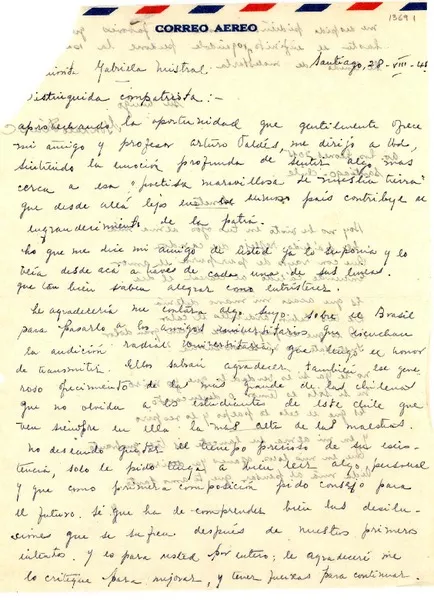 [Carta] 1945 ago. 28, Santiago, [Chile] [a] Gabriela Mistral  [manuscrito] Gonzalo Pérez C.