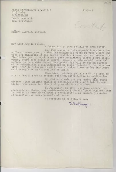 [Carta] 1949 mar. 12, Bonn, Zona Británica, [Alemania] [a] Gabriela Mistral  [manuscrito] M. Straßberger.