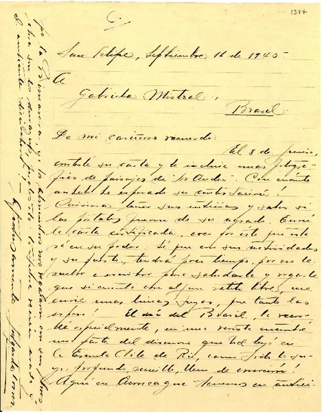 [Carta] 1945 sept. 16, San Felipe, [Chile] [a] Gabriela Mistral, Brasil  [manuscrito] Lutgarda Torres.