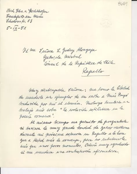 [Carta] 1951 sept. 5, Frankfurt, [Alemania] [a] Gabriela Mistral, Rapallo, Italia  [manuscrito] Erich Foler von Kichthofen.