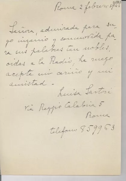 [Carta] 1946 feb. 2, Roma [a] Gabriela Mistral  [manuscrito] Luisa Sartori.
