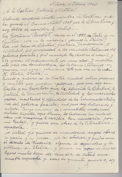 [Carta] 1946 feb. 16, Milazzo, [Italia] [a] Gabriela Mistral  [manuscrito] Giovanni Berthet.