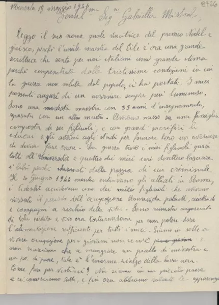 [Carta] 1946 magg. 18, Marsala, Sicilia, [Italia] [a] Gabriella [i.e. Gabriela] Mistral  [manuscrito] Sofia Pomilia.