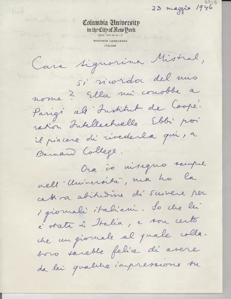[Carta] 1946 magg. 23, [New York, EE.UU.] [a] [Gabriela] Mistral  [manuscrito] De un amigo.