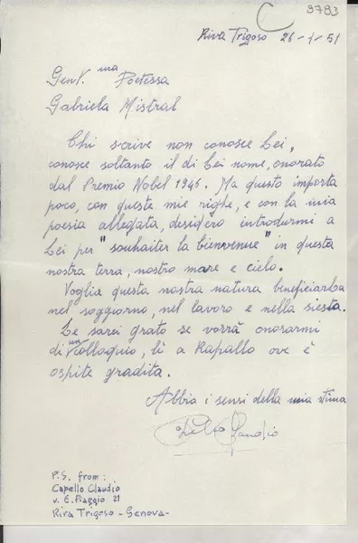 [Carta] 1951 ene. 25, Genova, [Italia] [a] Gabriela Mistral  [manuscrito] De un admirador.