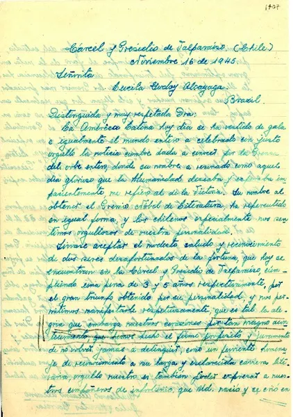 [Carta] 1945 nov. 16, Valparaíso [a] Lucila Gogoy Alcayaga, Petrópolis  [manuscrito] Guillermo Alcaíno Alcaíno y Julio Morales García.
