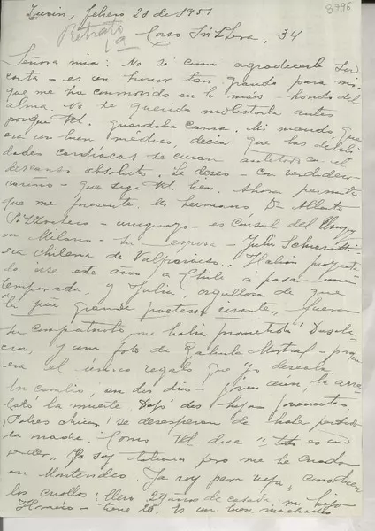 [Carta] 1951 febr. 20, Turin, [Italia] [a] [Gabriela Mistral]  [manuscrito] Maria de Ferro.