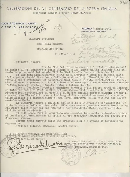 [Carta] 1951 mar. 4, Palermo, [Italia] [a] Gabriela Mistral, Rapallo  [manuscrito] Federico de Maria y Emanuele Pili.