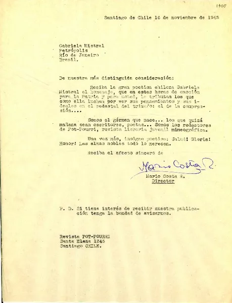 [Carta] 1945 nov. 16, Santiago de Chile[a] Gabriela Mistral, Petrópolis  [Manuscrito]Mario Costa R.