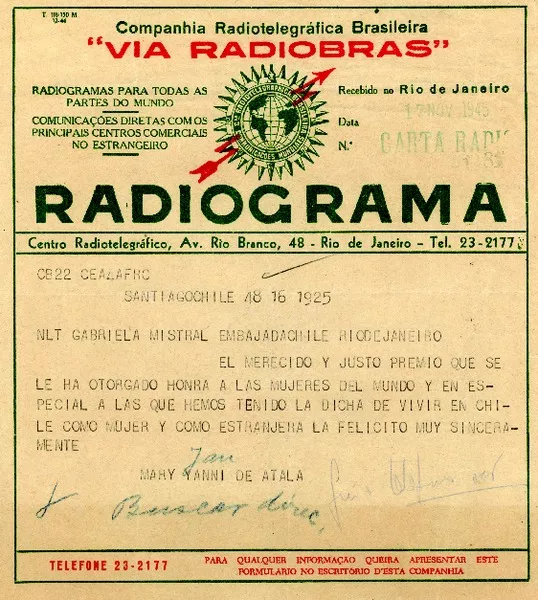 [Telegrama] 1945 nov. 17, Santiago, Chile [a] Gabriela Mistral, Rio de Janeiro, [Petrópolis, Brasil]  [manuscrito] Mary Yanni de Atala.
