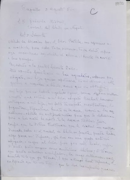 [Carta] 1951 ago. 3, Rapallo, [Italia] [a] Gabriela Mistral, Napoli  [manuscrito] Ambrosio Ghizolfo Medina.