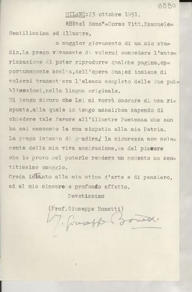 [Carta] 1951 ott. 23, Milano, [Italia] [a] [Gabriela Mistral]  [manuscrito] Giuseppe Bonetti.