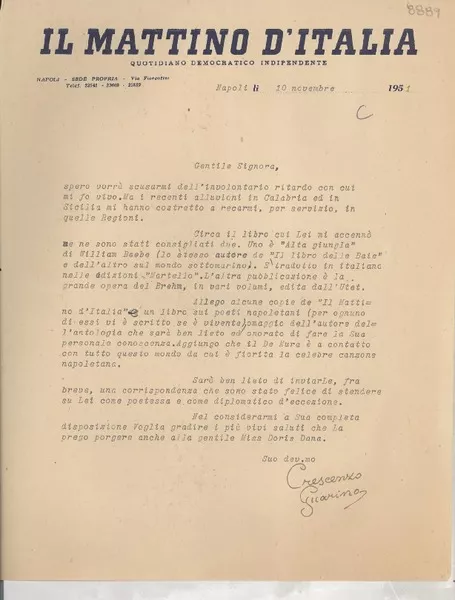 [Carta] 1951 nov. 10, Napoli, [Italia] [a] [Gabriela Mistral]  [manuscrito] Crescenzo Guarino.