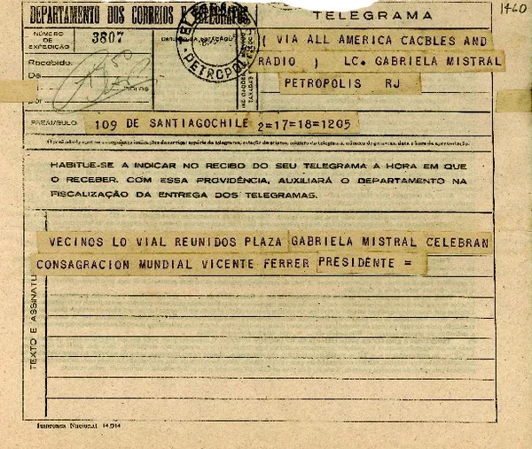 [Telegrama] 1945 nov. 18, Santiago [a] Gabriela Mistral, Petrópolis  [manuscrito] Vicente Ferrer.