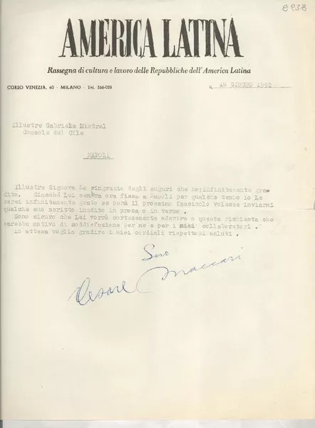 [Carta] 1952 giugno 16, Milano, [Italia] [a] Gabriela Mistral, Napoli, [Italia]  [manuscrito] Cesare Maccari.
