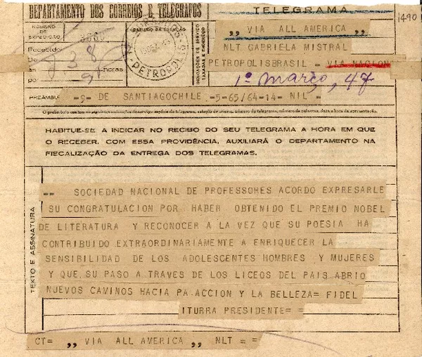 [Telegrama] 1945 dic. 15, Santiago [a] Gabriela Mistral, Petrópolis  [manuscrito] Sociedad Nacional de Profesores.