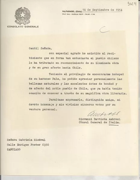 [Carta] 1954 sept. 14, Valparaíso, [Chile] [a] Gabriela Mistral, Santiago  [manuscrito] Giovanni Battista Ambrossi.