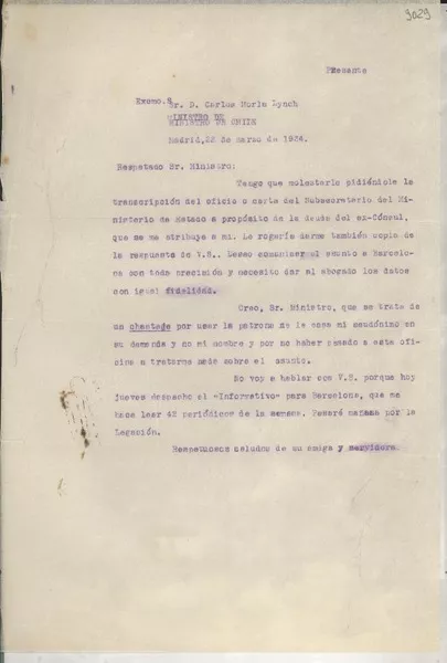 [Carta] 1934 mar. 22, Madrid, [España] [a] Carlos Morla Lynch  [manuscrito] Gabriela Mistral.