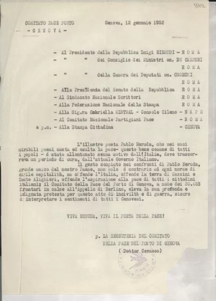 [Carta] 1952 genn. 12, Genova, [Italia] [a] Gabriella [i.e. Gabriela] Mistral ... [et al.], Napoli, [Italia]  [manuscrito] La Segretaria del Comitato della Pace del Porto di Genova.
