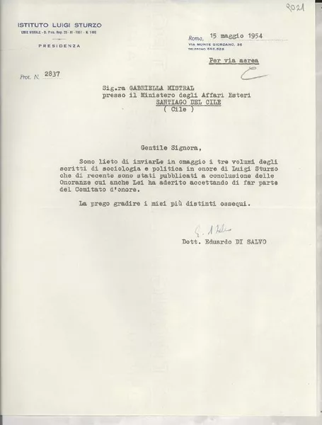 [Carta] 1954 magg. 15, Roma, [Italia] [a] Gabriella [i.e. Gabriela] Mistral, Santiago, Cile  [manuscrito] Eduardo Di Salvo.