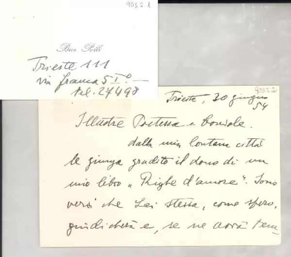 [Tarjeta] [19]54 giugno 20, Trieste, [Italia] [a] [Gabriela Mistral]  [manuscrito] Bice Polli.