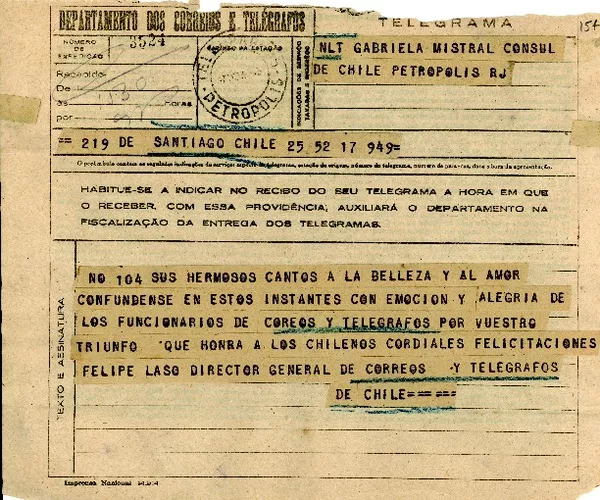 [Telegrama] 1945 nov. 17, Santiago, Chile [a] Gabriela Mistral, Petrópolis, [Brasil]  [manuscrito] Felipe Laso Director General de Correos y Telégrafos de Chile.
