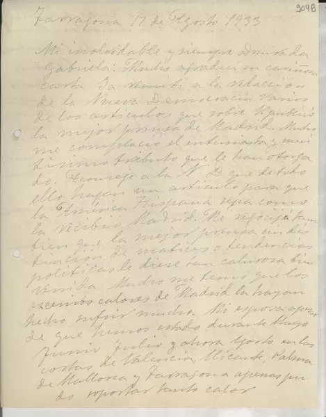 [Carta] 1933 ago. 17, Tarragona, [España] [a] Gabriela Mistral  [manuscrito] Juan Artz González.