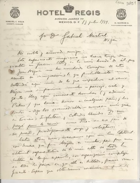 [Carta] 1939 jul. 13, México D. F. [a] Gabriela Mistral, Niza  [manuscrito] José Carver.