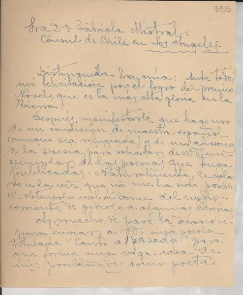 [Carta] 1946 oct. 2, Argel [a] Gabriela Mistral, Los Ángeles  [manuscrito] Daniel Coello.