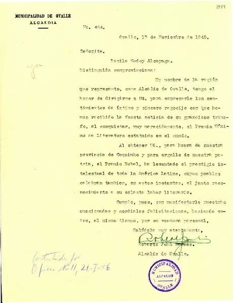 [Carta] 1945 nov. 17, Ovalle, Chile [a] Lucila Godoy Alcayaga  [manuscrito] Roberto John Barnes.