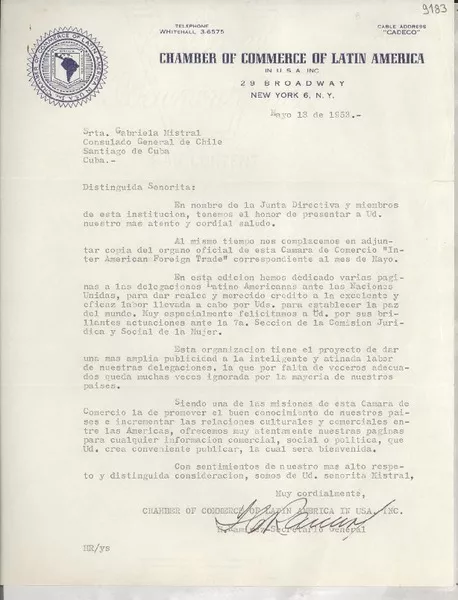 [Carta] 1953 mayo 13, New York, U.S.A. [a] Gabriela Mistral, Santiago de Cuba  [manuscrito] H. Ramírez.