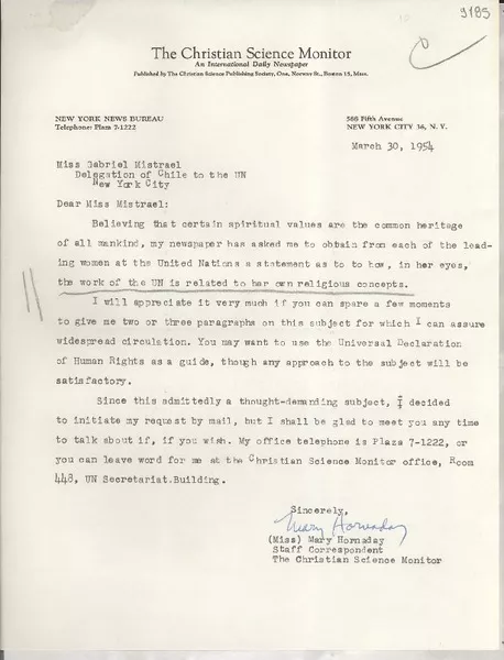 [Carta] 1954 Mar. 30, New York, [Estados Unidos] [a] Gabriela Mistral, New York  [manuscrito] Mary Hornaday.