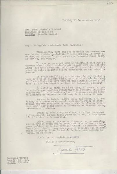 [Carta] 1953 mar. 18, Madrid, [España] [a] Gabriela Mistral, Florida, [Estados Unidos]  [manuscrito] Sagrario Torres.